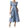image:imagechouyatou Womens Cute Puff Short Sleeve Floral Printed Midi Long Dress Boho A Line Swing Vacation Party DressesBlue