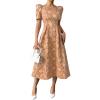 image:imagechouyatou Womens Cute Puff Short Sleeve Floral Printed Midi Long Dress Boho A Line Swing Vacation Party DressesBrown