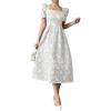 image:imagechouyatou Womens Cute Puff Short Sleeve Floral Printed Midi Long Dress Boho A Line Swing Vacation Party DressesWhite