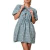 image:imagechouyatou Womens Elegant Floral Denim Dress Tie Knot Puff Sleeve Jean Mini Short Dress with PocketsBlue