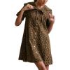 image:imagechouyatou Womens Leopard Print Short Sleeve Denim Dress Button Down Peter Pan Collar Midi Jean DressBrown