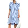 image:imagechouyatou Womens Summer Puff Short Sleeve Striped Shirt Dress Button Down Lapel Midi Long Shift Dress with PocketsBlue