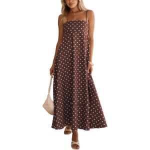 image:imageCHOUYATOU Womens 2026 Vintage Polka Dot Maxi Dress Back Smocked Spaghetti Strap Ruffle Hem Swing Long DressCoffee