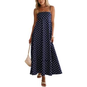 image:imageCHOUYATOU Womens 2026 Vintage Polka Dot Maxi Dress Back Smocked Spaghetti Strap Ruffle Hem Swing Long DressNavy