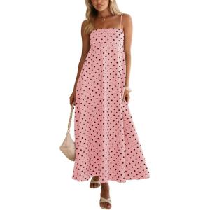 image:imageCHOUYATOU Womens 2026 Vintage Polka Dot Maxi Dress Back Smocked Spaghetti Strap Ruffle Hem Swing Long DressPink