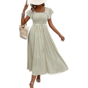 image:imageCHOUYATOU Womens Boho Striped Smocked Maxi Dress Sexy Flutter Sleeve Flowy Swing Long Dress with PocketsArmy Green