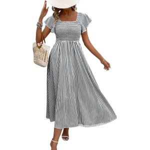 image:imageCHOUYATOU Womens Boho Striped Smocked Maxi Dress Sexy Flutter Sleeve Flowy Swing Long Dress with PocketsBlack