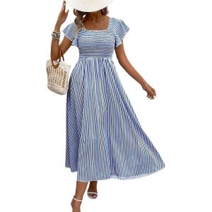 image:imageCHOUYATOU Womens Boho Striped Smocked Maxi Dress Sexy Flutter Sleeve Flowy Swing Long Dress with PocketsBlue