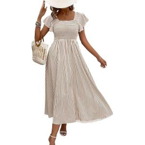 image:imageCHOUYATOU Womens Boho Striped Smocked Maxi Dress Sexy Flutter Sleeve Flowy Swing Long Dress with PocketsBrown