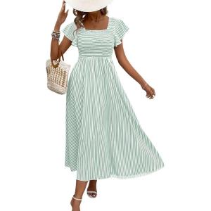 image:imageCHOUYATOU Womens Boho Striped Smocked Maxi Dress Sexy Flutter Sleeve Flowy Swing Long Dress with PocketsGreen