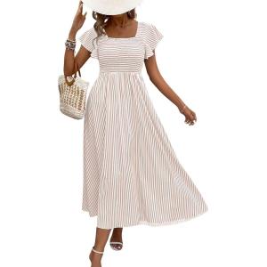 image:imageCHOUYATOU Womens Boho Striped Smocked Maxi Dress Sexy Flutter Sleeve Flowy Swing Long Dress with PocketsKhaki