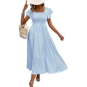 image:imageCHOUYATOU Womens Boho Striped Smocked Maxi Dress Sexy Flutter Sleeve Flowy Swing Long Dress with PocketsLight Blue