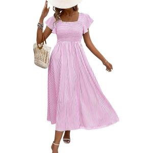 image:imageCHOUYATOU Womens Boho Striped Smocked Maxi Dress Sexy Flutter Sleeve Flowy Swing Long Dress with PocketsPink