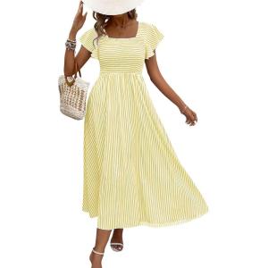 image:imageCHOUYATOU Womens Boho Striped Smocked Maxi Dress Sexy Flutter Sleeve Flowy Swing Long Dress with PocketsYellow