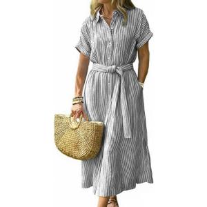 image:imageCHOUYATOU Womens Summer Boho Belted Striped Shirt Dress Casual Loose Short Sleeve Midi Long Beach DressBlack