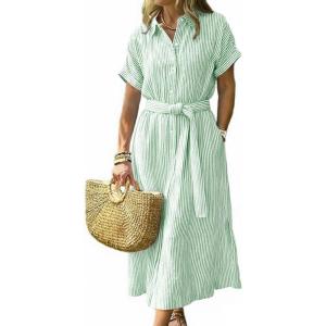 image:imageCHOUYATOU Womens Summer Boho Belted Striped Shirt Dress Casual Loose Short Sleeve Midi Long Beach DressGreen