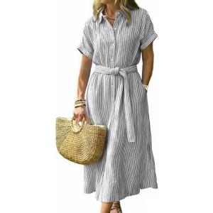 image:imageCHOUYATOU Womens Summer Boho Belted Striped Shirt Dress Casual Loose Short Sleeve Midi Long Beach DressGrey