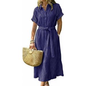 image:imageCHOUYATOU Womens Summer Boho Belted Striped Shirt Dress Casual Loose Short Sleeve Midi Long Beach DressNavy Blue