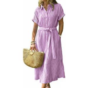 image:imageCHOUYATOU Womens Summer Boho Belted Striped Shirt Dress Casual Loose Short Sleeve Midi Long Beach DressPurple