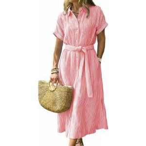 image:imageCHOUYATOU Womens Summer Boho Belted Striped Shirt Dress Casual Loose Short Sleeve Midi Long Beach DressRed
