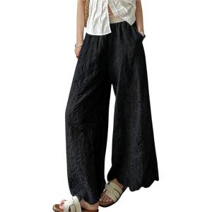 image:imagechouyatou Women Summer Floral Eyelet Lace Wide Leg Pants Boho Casual Cotton Palazzo Beach Pants TrousersBlack