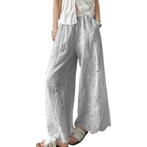 image:imagechouyatou Women Summer Floral Eyelet Lace Wide Leg Pants Boho Casual Cotton Palazzo Beach Pants TrousersGrey