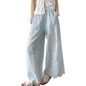 image:imagechouyatou Women Summer Floral Eyelet Lace Wide Leg Pants Boho Casual Cotton Palazzo Beach Pants TrousersLight Blue