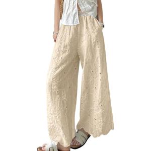 image:imagechouyatou Women Summer Floral Eyelet Lace Wide Leg Pants Boho Casual Cotton Palazzo Beach Pants TrousersLight Khaki