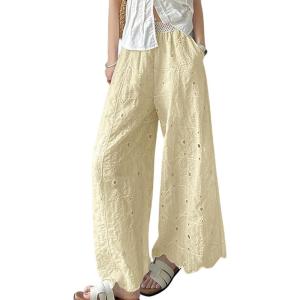 image:imagechouyatou Women Summer Floral Eyelet Lace Wide Leg Pants Boho Casual Cotton Palazzo Beach Pants TrousersYellow