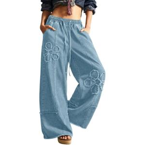 image:imagechouyatou Womens Boho Floral Wide Leg Jeans Y2k Distressed Fringe Baggy Jeans Denim Culotte Palazzo Pants TrousersLight Blue