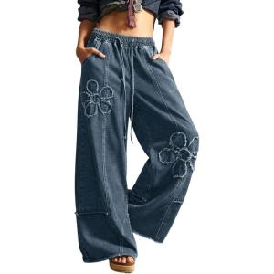 image:imagechouyatou Womens Boho Floral Wide Leg Jeans Y2k Distressed Fringe Baggy Jeans Denim Culotte Palazzo Pants TrousersVintage Blue