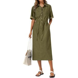 image:imagechouyatou Womens Button Up Polo Collar Denim Shirt Dress Drawstring Waist Back Slit Jean Midi Long Dress with PocketsArmy Green