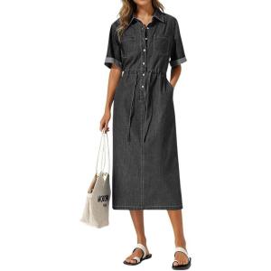image:imagechouyatou Womens Button Up Polo Collar Denim Shirt Dress Drawstring Waist Back Slit Jean Midi Long Dress with PocketsBlack Gray