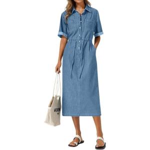 image:imagechouyatou Womens Button Up Polo Collar Denim Shirt Dress Drawstring Waist Back Slit Jean Midi Long Dress with PocketsBlue