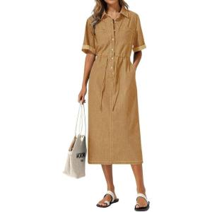 image:imagechouyatou Womens Button Up Polo Collar Denim Shirt Dress Drawstring Waist Back Slit Jean Midi Long Dress with PocketsKhaki