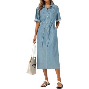 image:imagechouyatou Womens Button Up Polo Collar Denim Shirt Dress Drawstring Waist Back Slit Jean Midi Long Dress with PocketsLight Blue