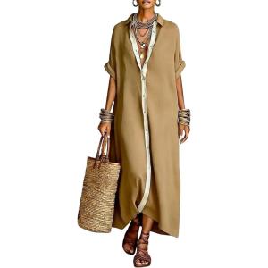image:imagechouyatou Womens Contrast Color Button Down Shirt Dress Short Sleeve Cotton Linen Casual Loose Beach Long Maxi DressBrown