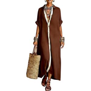 image:imagechouyatou Womens Contrast Color Button Down Shirt Dress Short Sleeve Cotton Linen Casual Loose Beach Long Maxi DressCoffee