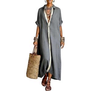 image:imagechouyatou Womens Contrast Color Button Down Shirt Dress Short Sleeve Cotton Linen Casual Loose Beach Long Maxi DressGray