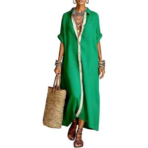 image:imagechouyatou Womens Contrast Color Button Down Shirt Dress Short Sleeve Cotton Linen Casual Loose Beach Long Maxi DressGreen