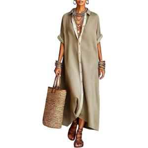 image:imagechouyatou Womens Contrast Color Button Down Shirt Dress Short Sleeve Cotton Linen Casual Loose Beach Long Maxi DressKhaki