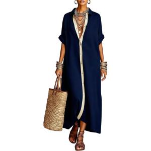 image:imagechouyatou Womens Contrast Color Button Down Shirt Dress Short Sleeve Cotton Linen Casual Loose Beach Long Maxi DressNavy