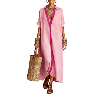 image:imagechouyatou Womens Contrast Color Button Down Shirt Dress Short Sleeve Cotton Linen Casual Loose Beach Long Maxi DressPink