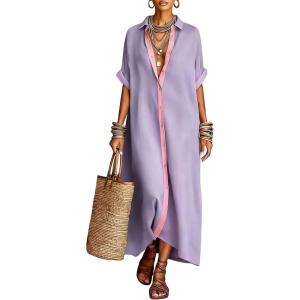 image:imagechouyatou Womens Contrast Color Button Down Shirt Dress Short Sleeve Cotton Linen Casual Loose Beach Long Maxi DressPurple