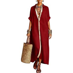 image:imagechouyatou Womens Contrast Color Button Down Shirt Dress Short Sleeve Cotton Linen Casual Loose Beach Long Maxi DressRed