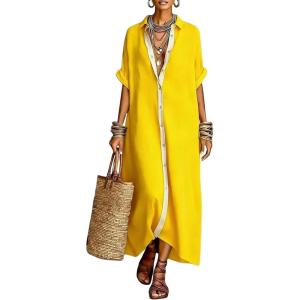 image:imagechouyatou Womens Contrast Color Button Down Shirt Dress Short Sleeve Cotton Linen Casual Loose Beach Long Maxi DressYellow