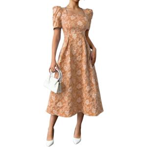 image:imagechouyatou Womens Cute Puff Short Sleeve Floral Printed Midi Long Dress Boho A Line Swing Vacation Party DressesBrown