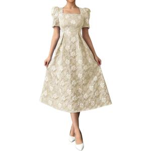 image:imagechouyatou Womens Cute Puff Short Sleeve Floral Printed Midi Long Dress Boho A Line Swing Vacation Party DressesKhaki