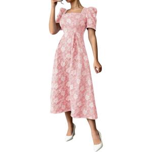 image:imagechouyatou Womens Cute Puff Short Sleeve Floral Printed Midi Long Dress Boho A Line Swing Vacation Party DressesPink