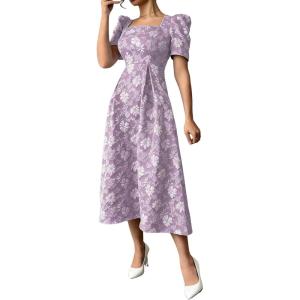 image:imagechouyatou Womens Cute Puff Short Sleeve Floral Printed Midi Long Dress Boho A Line Swing Vacation Party DressesPurple